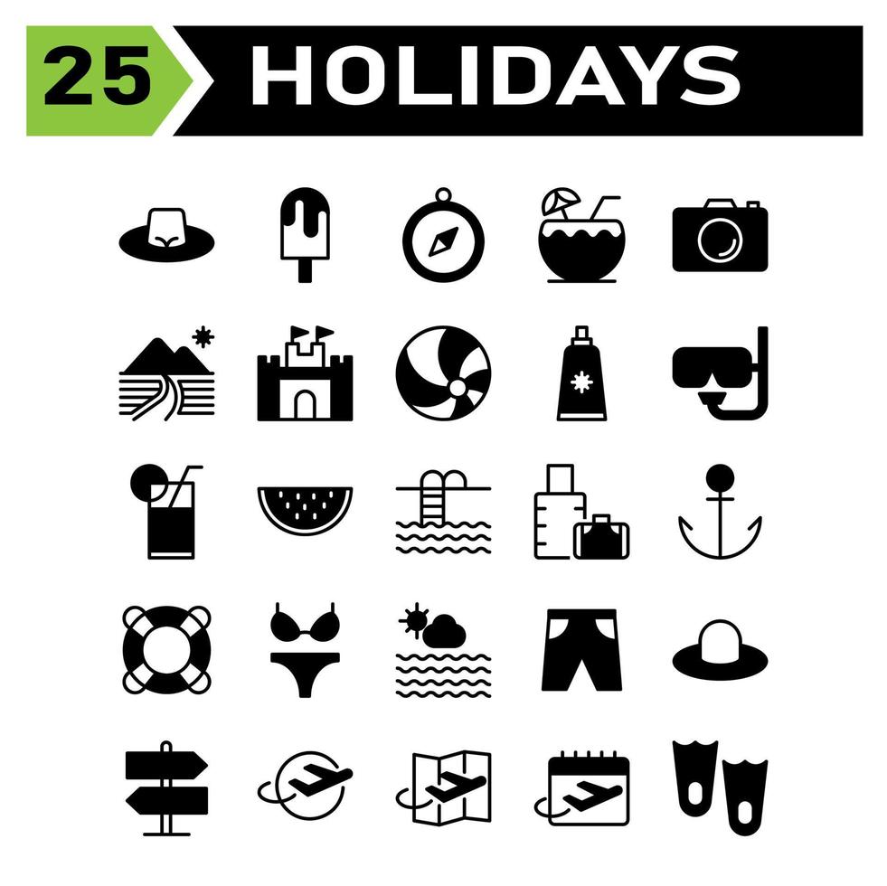 Holidays icon set include hat, fashion, beach, cap, holiday, trip, ice cream, dessert, cold, navigation, compass, direction, location, coconut, drink, juice, beverage, camera, photo, photography vector