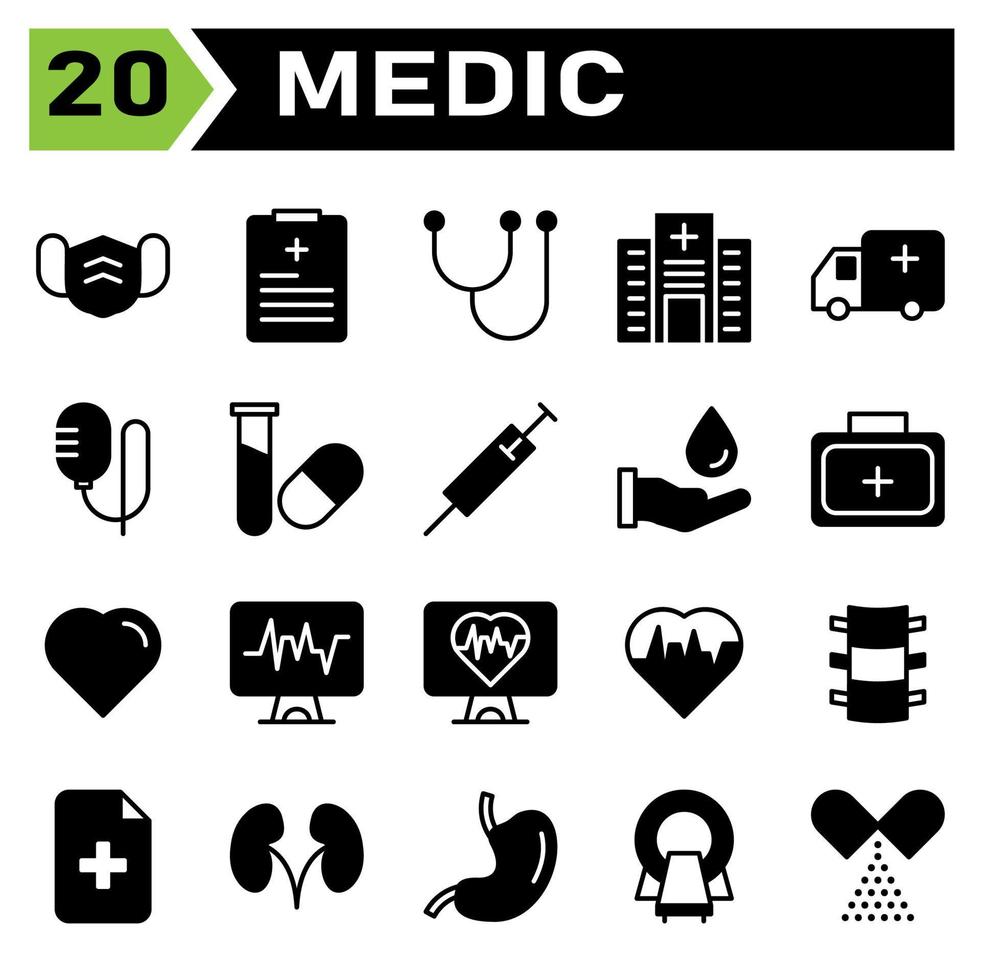 el conjunto de iconos médicos incluye máscara facial, máscara, atención médica, protección, hospital, registro, médico, diagnóstico, estetoscopio, herramientas, clínica, edificio, ambulancia, servicio, apoyo, infusión, medicina, salud vector