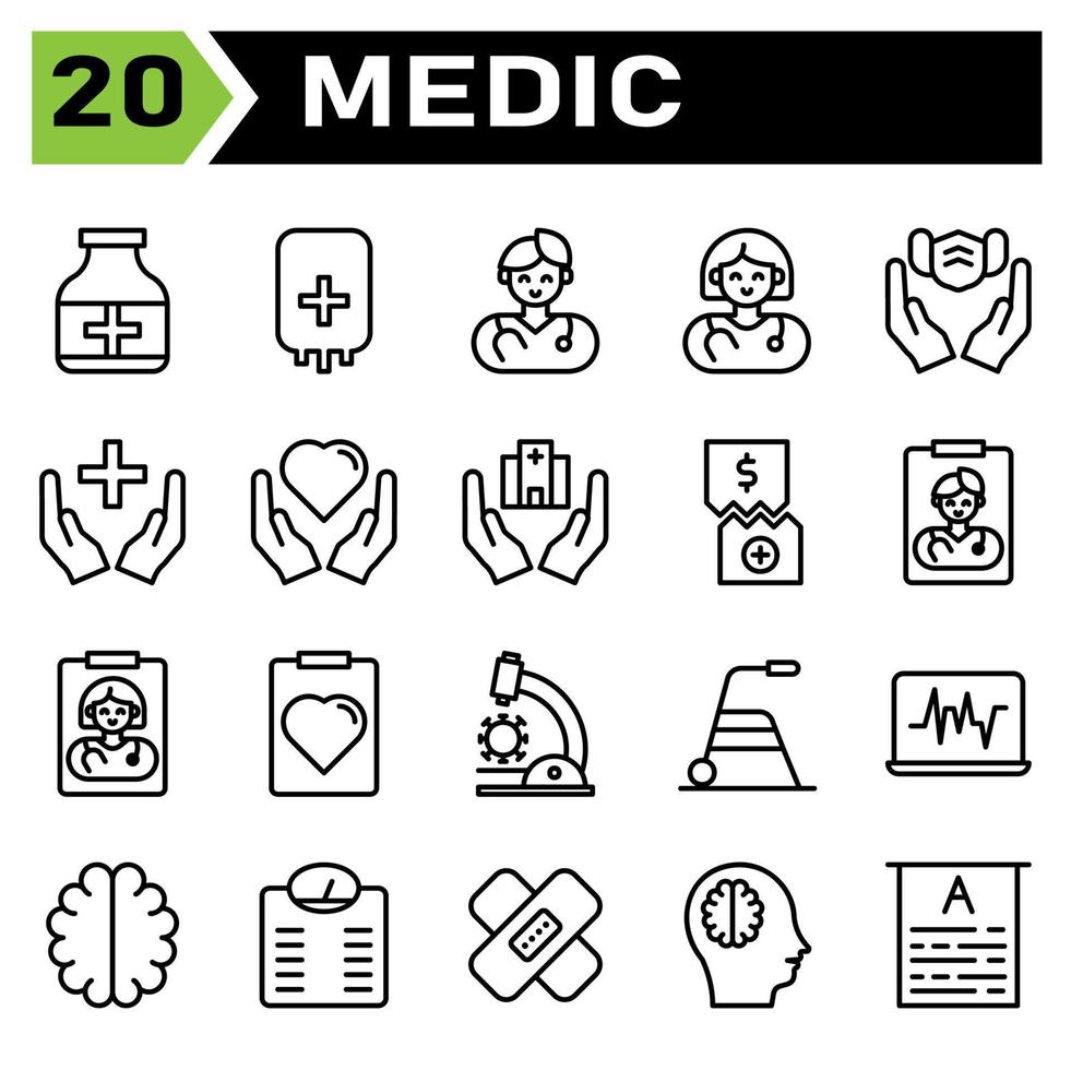 Medic icon set include bottle, pills, prescription, drugs, medical, transfusion, bag, blood, donation, doctor, male, hospital, medicine, healthcare, female, hand, mask, health, love, heart, building vector