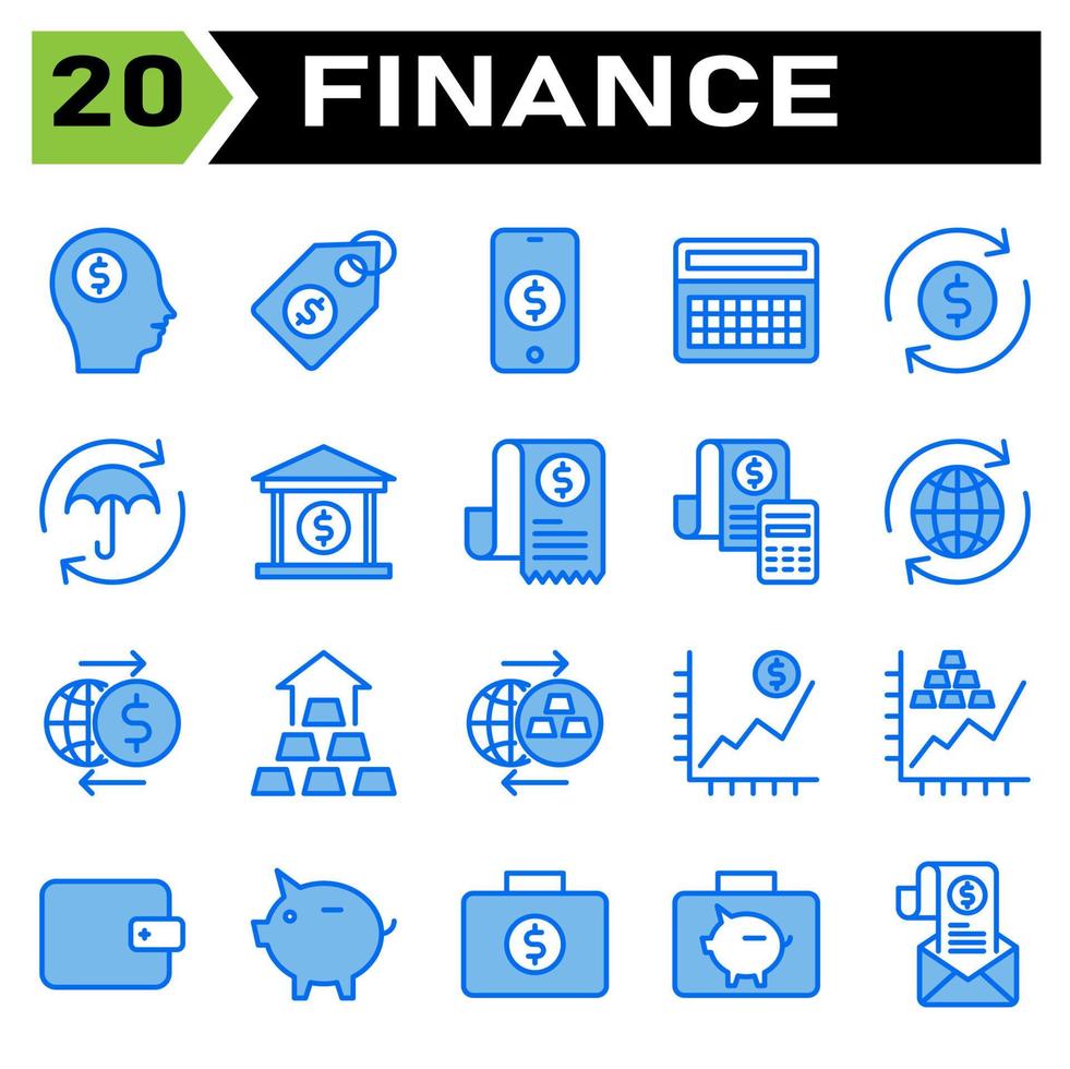 Finance icon set include head, money, dollar, business, rich, tag, label, price, shopping, phone, mobile, cell, investment, calculator, finance, accounting, math, refund, cash, flow, protect, market vector