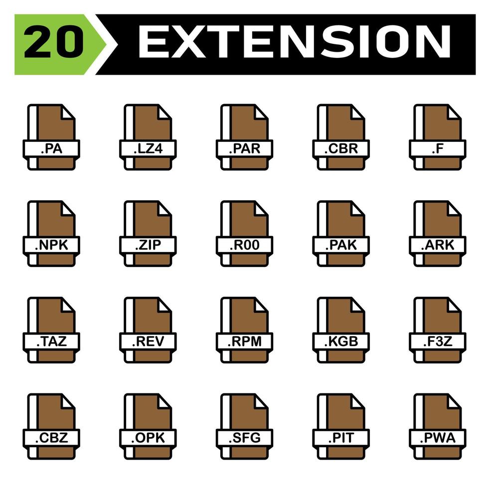 File extension icon set include pa, lza, par, cbr, f, npk, zip, r00, pak, ark, taz, rev, rpm, kgb, f3z, cbz, opk, sfg, pit, pwa, file, document, extension, icon, type, set, format, vector, symbol vector