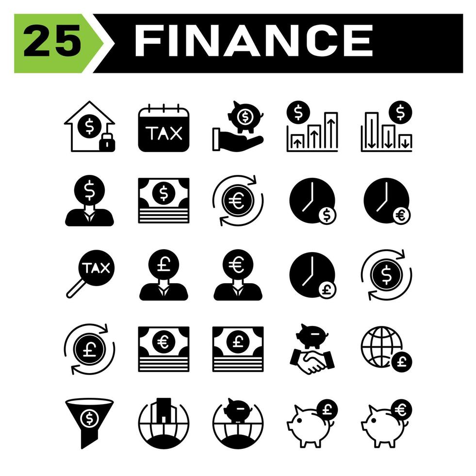 Finance icon set include building, investment, home, money, security, calendar, tax, date, day, finance, hand, saving, piggy, banking, chart, up, arrow, profit, down, business, man, currency, dollar vector