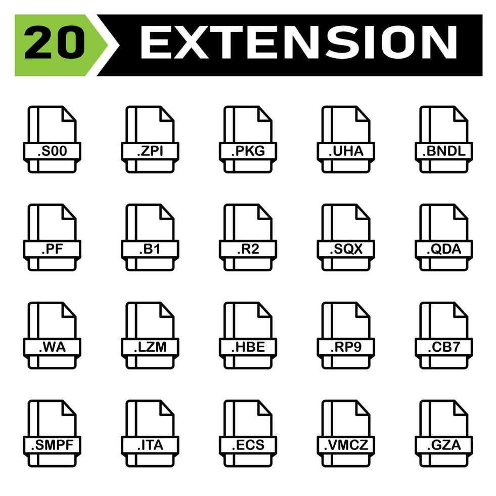 el conjunto de iconos de extensión de archivo incluye archivo, documento, extensión, icono, tipo, conjunto, formato, vector, símbolo, diseño, gráfico, software, signo, aplicación, imagen, etiqueta, s00, zpi, pkg, uha, bndl, pf, b1 , r2 vector