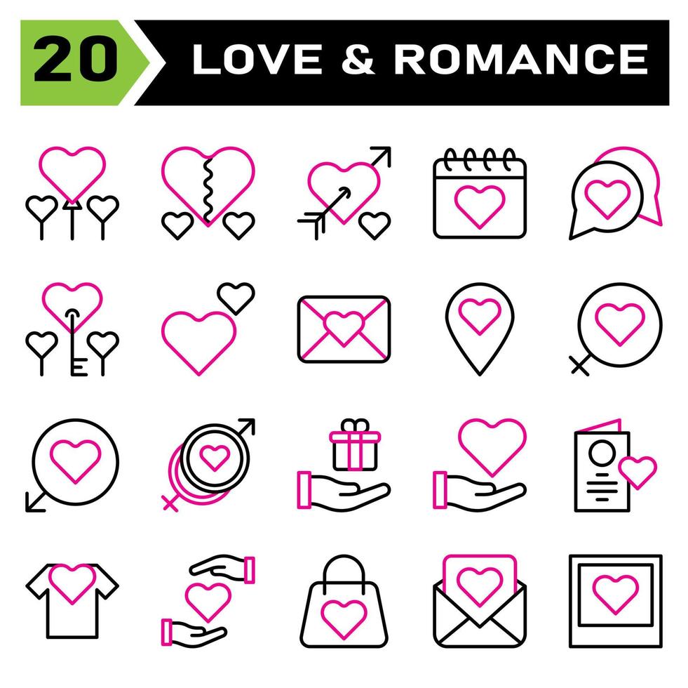 El conjunto de iconos de amor y romance incluye globo, amor, romántico, corazón, San Valentín, roto, romance, pareja, boda, calendario, fecha, chat, conversación, clave, doble, favorito, correo, mensaje, sobre vector