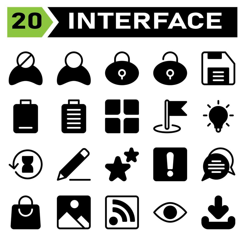 User interface icon set include block, user, avatar, user interface, padlock, lock, protection, unlock, save, drive, floppy disk, empty, low, battery, full, menu, app, flag, flags, pin vector