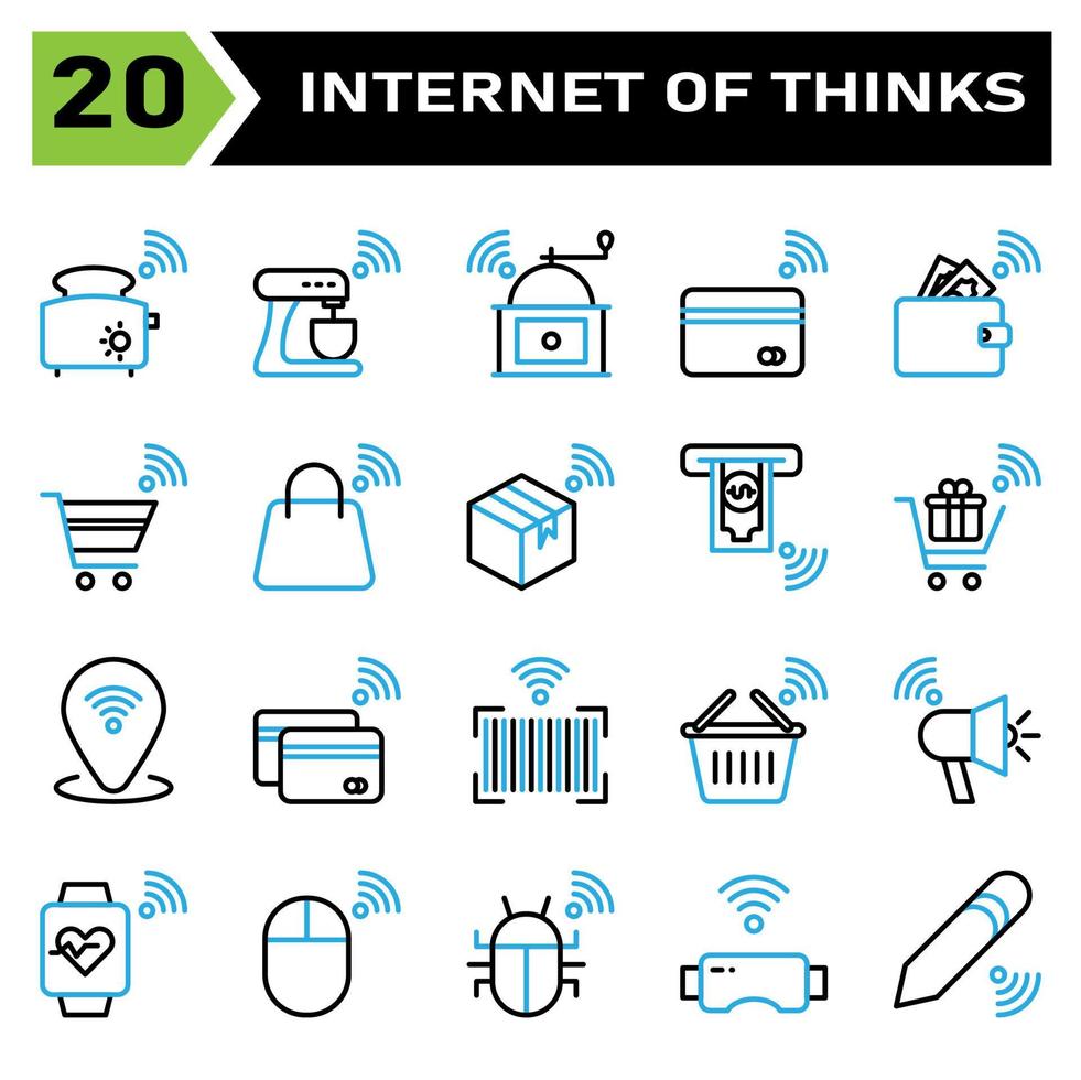 Internet of things icon set include toaster, bread, internet of things, mixer, grinder, coffee, credit card, payment, wallet, money, trolley, cart, bag, box, package, buy, gift, pin, location,bar code vector