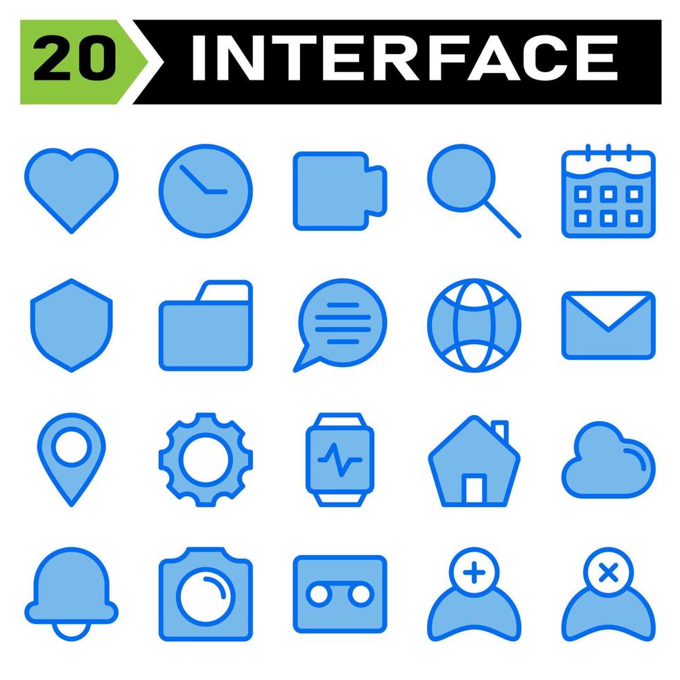 User interface icon set include love, heart, favorite, like, user interface, clock, time, hour, stopwatch, movie, film, video, play, multimedia, find, search, zoom, calendar, date, schedule, shield vector