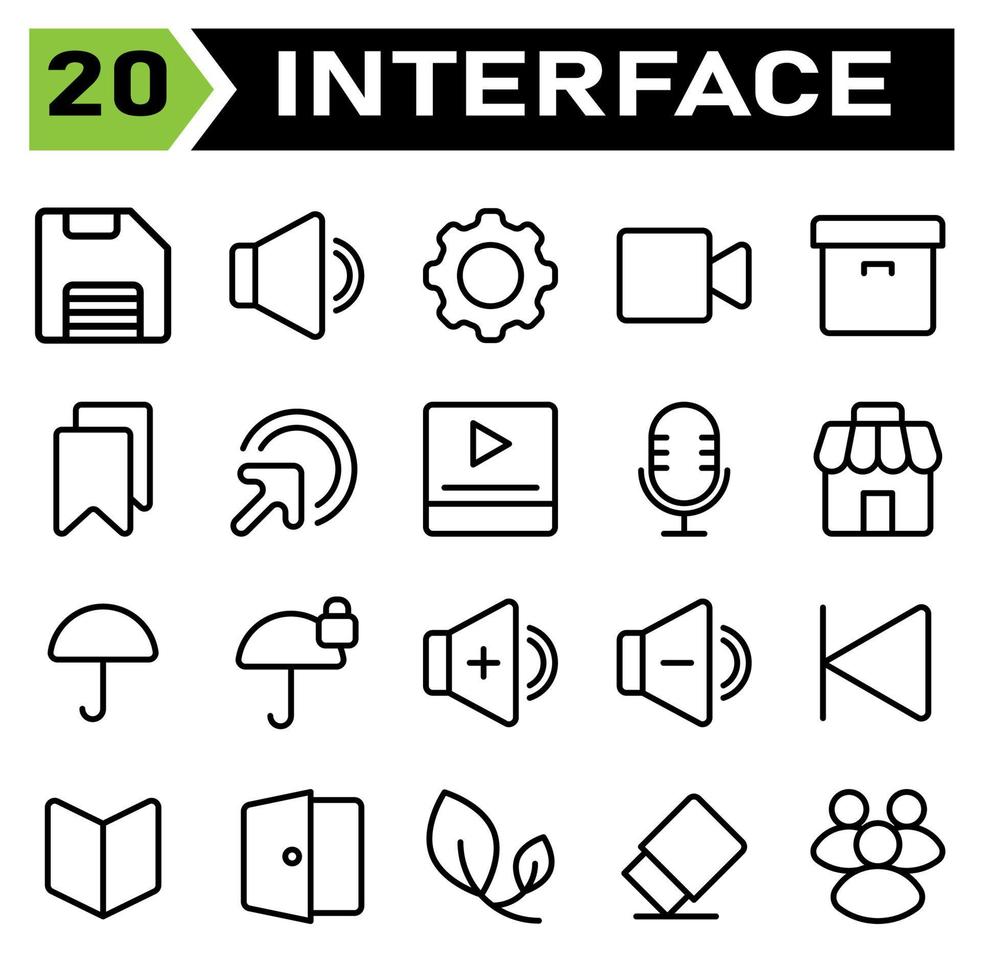 El conjunto de iconos de la interfaz de usuario incluye guardar, almacenar, datos, archivos, descargar, sonido, volumen, audio, altavoz, ajuste, equipo, configuración, optimización, video, grabación, cámara, interfaz de usuario, película, archivo, caja vector