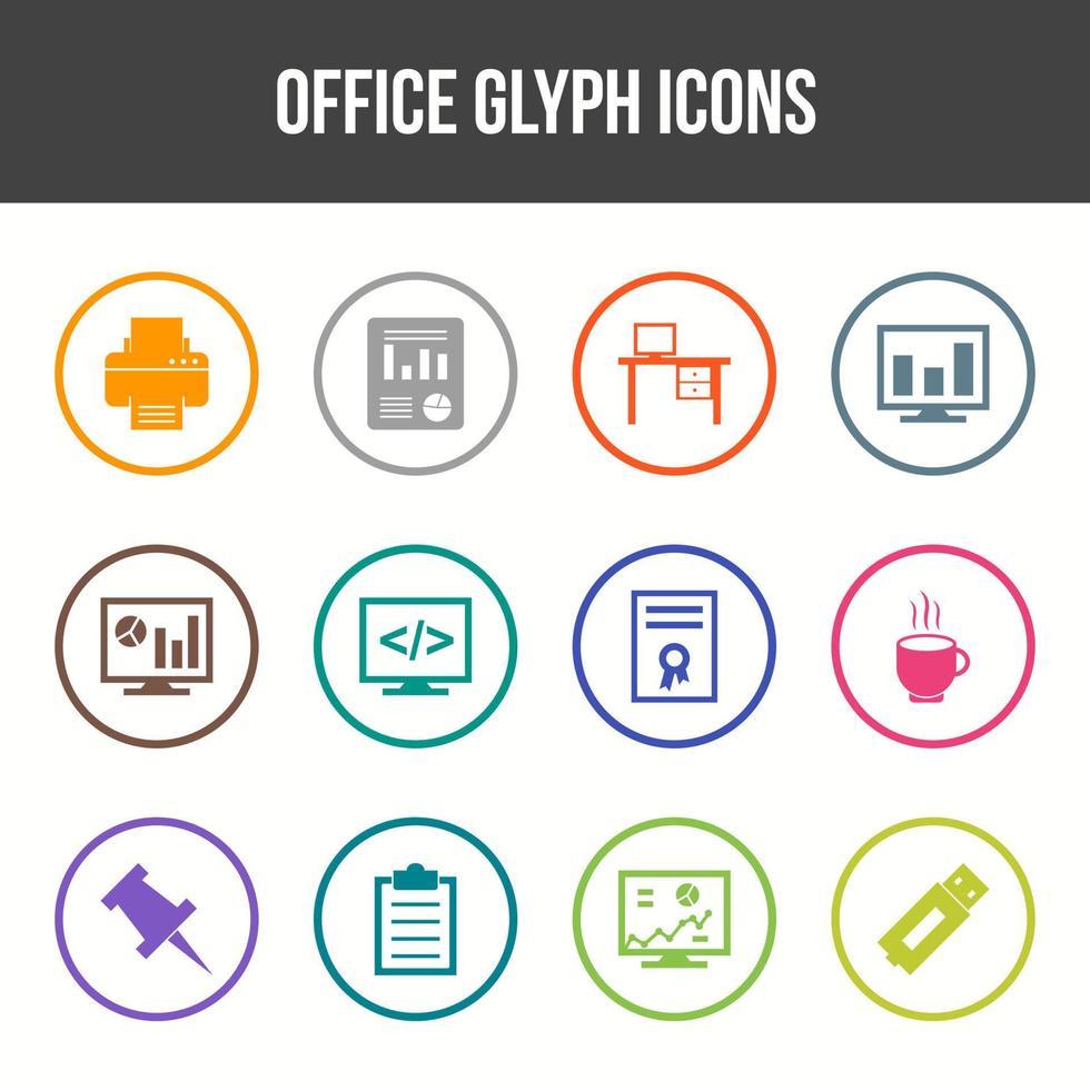 conjunto de iconos de glifo de oficina único vector