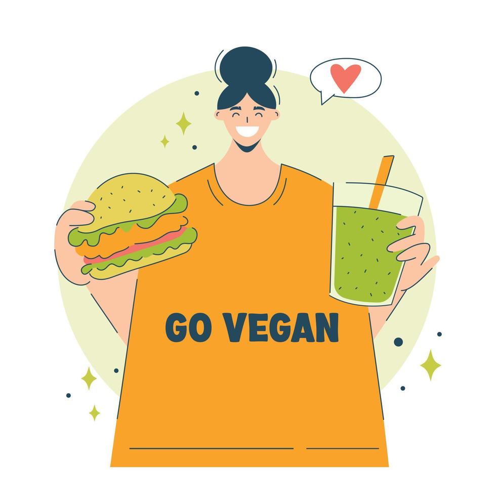 A happy woman chooses veganism and vegetables. Vegetarian delicious food concept girl  eating yammy vegan burger and smoothie vector
