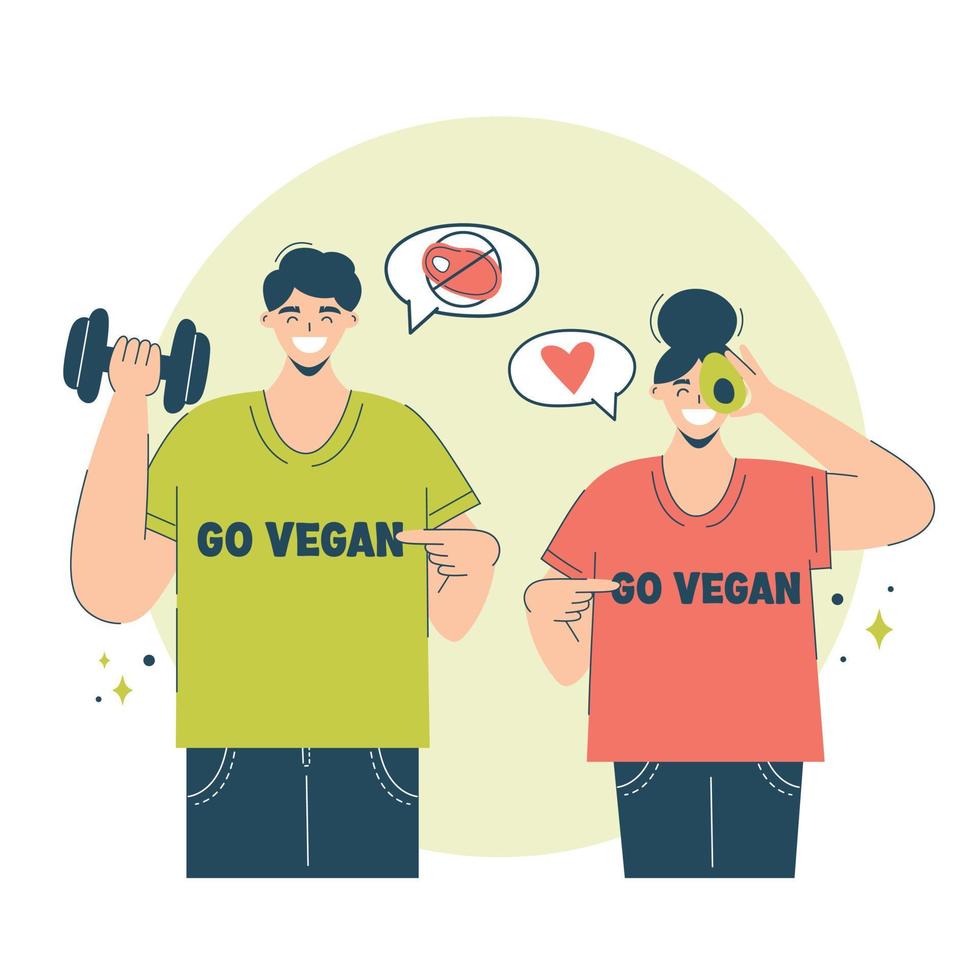 pareja feliz elige veganismo y verduras. concepto dieta vegetariana pareja feliz en camisetas volverse vegano alienta a otros a elegir el vegetarianismo vector