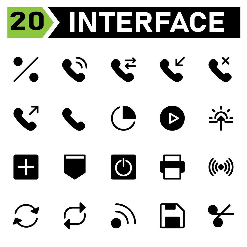 User interface icon set include percent, discount, offer, sale, user interface, phone, call, ringing, telephone, forwarded, incoming, missed, outgoing, pie, chart, statistic, graph, analytic, play vector