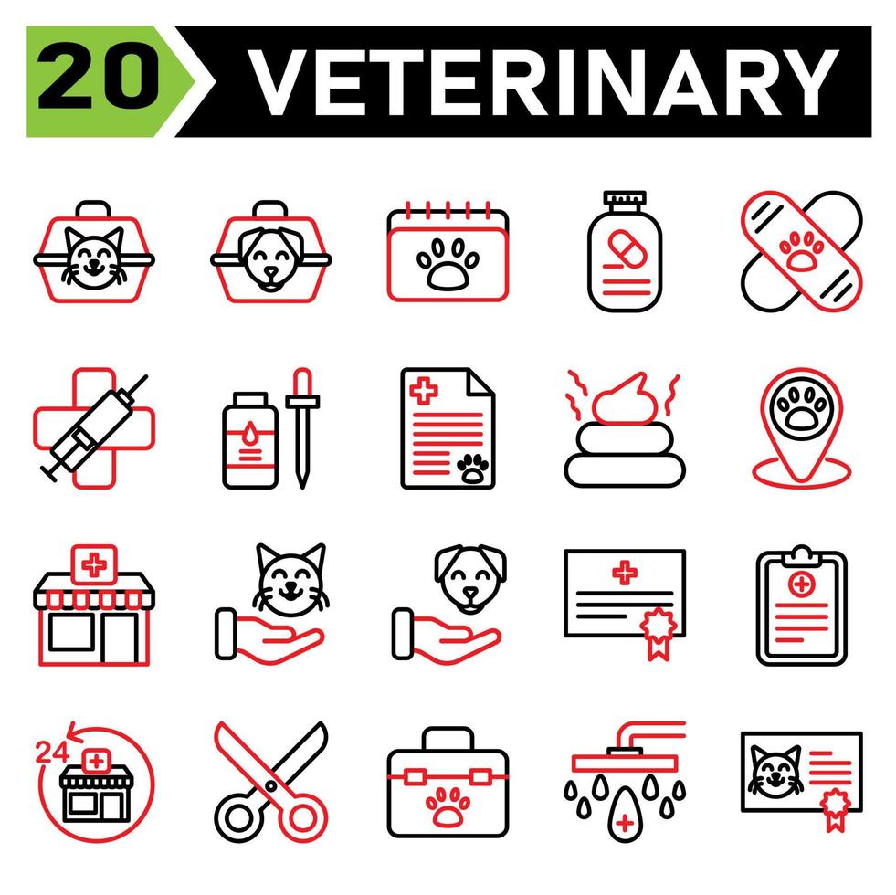 el conjunto de iconos veterinarios incluye portador, veterinario, mascota, caja, gato, perro, calendario, cita, veterinario, horario, medicación, suplemento, vitamina, vacuna, bandido, clínica, médico, jeringa, virus, huir vector