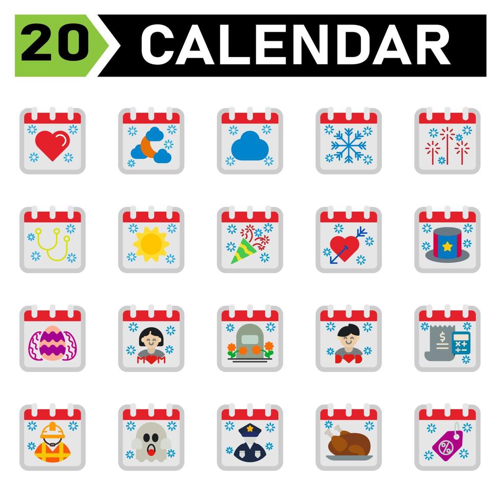 el conjunto de iconos de eventos de calendario incluye amor, hogar, calendario, fecha, evento, islam, luna, nube, clima, nieve, escamas, fuegos artificiales, fiesta, estetoscopio, médico, médico, sol, día, año nuevo, cumpleaños, San Valentín vector