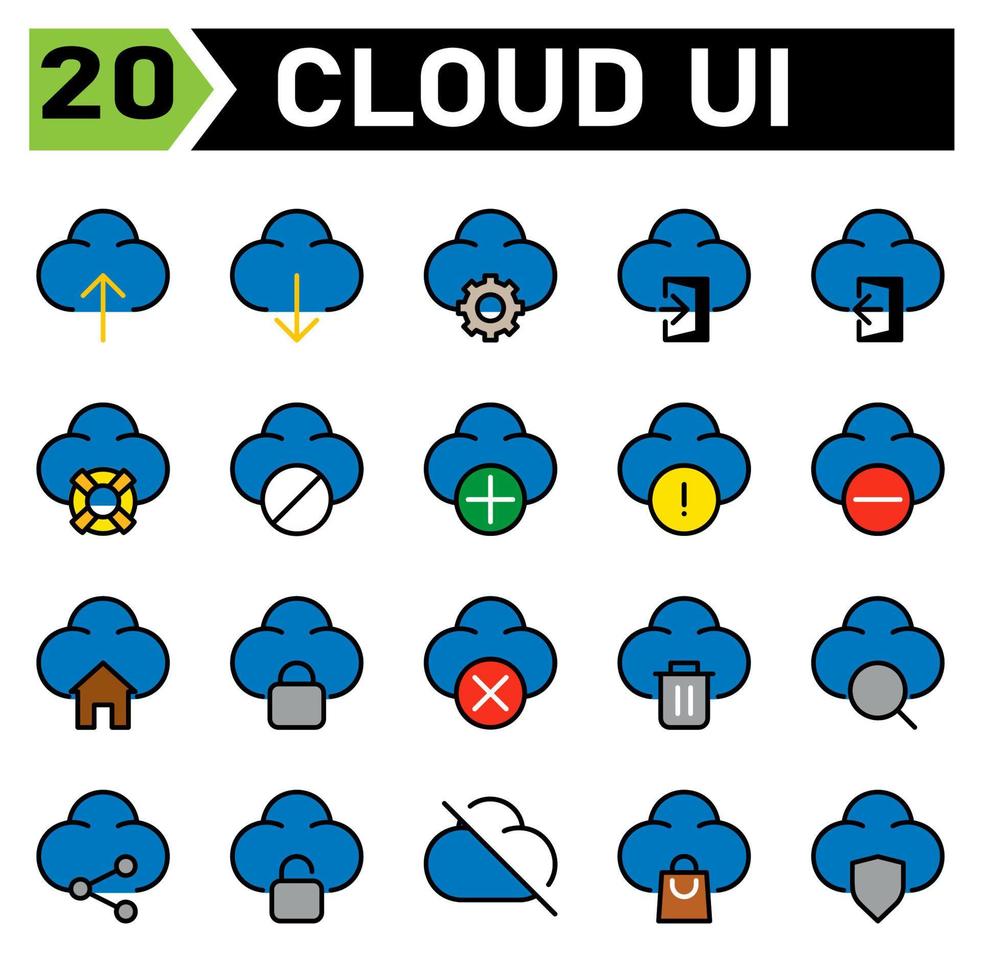 el conjunto de iconos de la interfaz de usuario en la nube incluye carga, nube, interfaz de usuario, computación, Internet de las cosas, descarga, configuración, equipo, inicio de sesión, puerta, cierre de sesión, boya de vida, ayuda, bloque, agregar, además, advertencia, signo vector