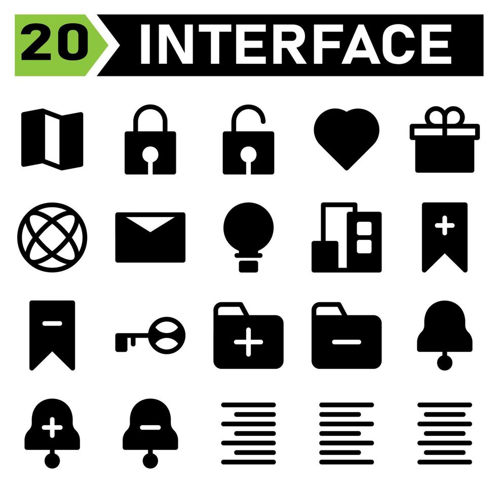 User interface icon set include map, location, guide, direction, user interface, lock, protect, security, padlock, unlock, love, hearth, favorite, wedding, gift, present, box, birthday vector