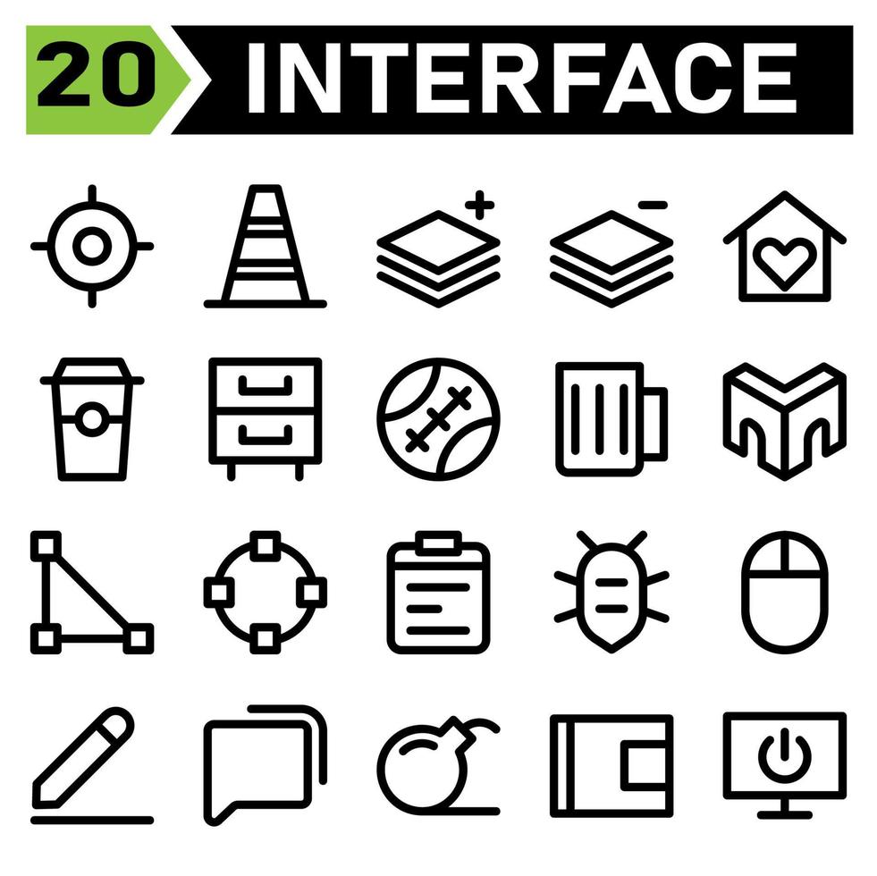 El conjunto de iconos de la interfaz de usuario incluye ubicación, objetivo, puntería, coordenadas, interfaz de usuario, tráfico, cono, carretera, señal, alerta, capa, más, agregar, apilar, organizar, menos, eliminar, hogar, hogar, amor, construcción vector