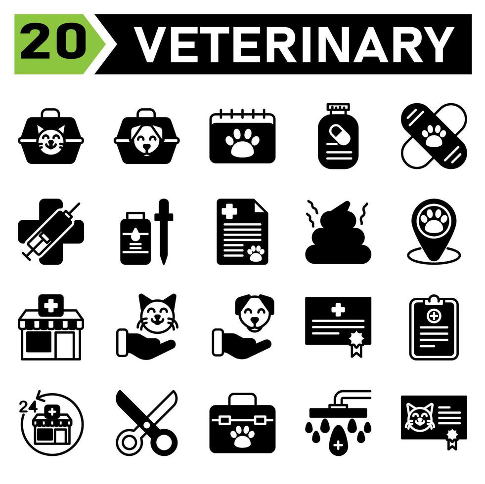 el conjunto de iconos veterinarios incluye portador, veterinario, mascota, caja, gato, perro, calendario, cita, veterinario, horario, medicación, suplemento, vitamina, vacuna, bandido, clínica, médico, jeringa, virus, huir vector