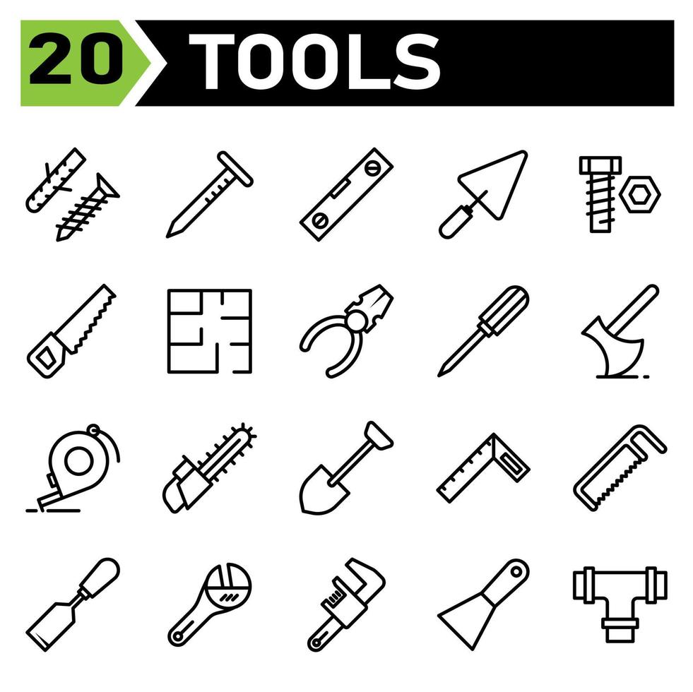Tools construction icon set include screw, self tapping, bolt, self fastening, construction, nail, tools, carpenter, building, water pass, level, shovel, trowel, cement, equipment, work,bold,tool,saw vector