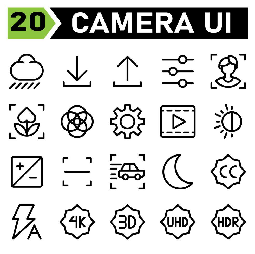 El conjunto de iconos de la cámara de fotos incluye modo, nube, lluvia, foto, cámara, interfaz, descarga, carga, preferencias, configuración, ajuste, herramientas, opción, cara, macro, flor, disparar, engranaje, rueda dentada, video, jugar vector