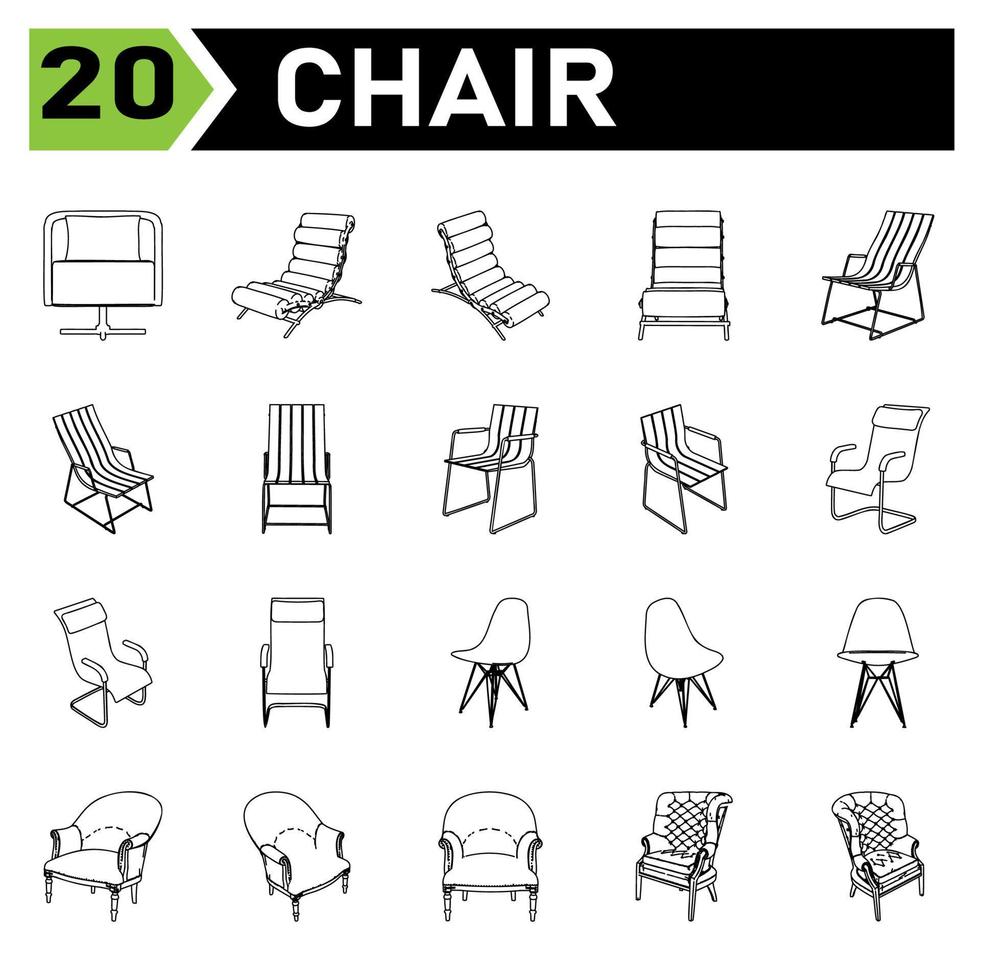 chair icon set include chair, office, modern, armchair, furniture, interior, set, vector, isolated, home, collection, white, seat, comfortable, typing, house, sit, design, business, room, icon vector