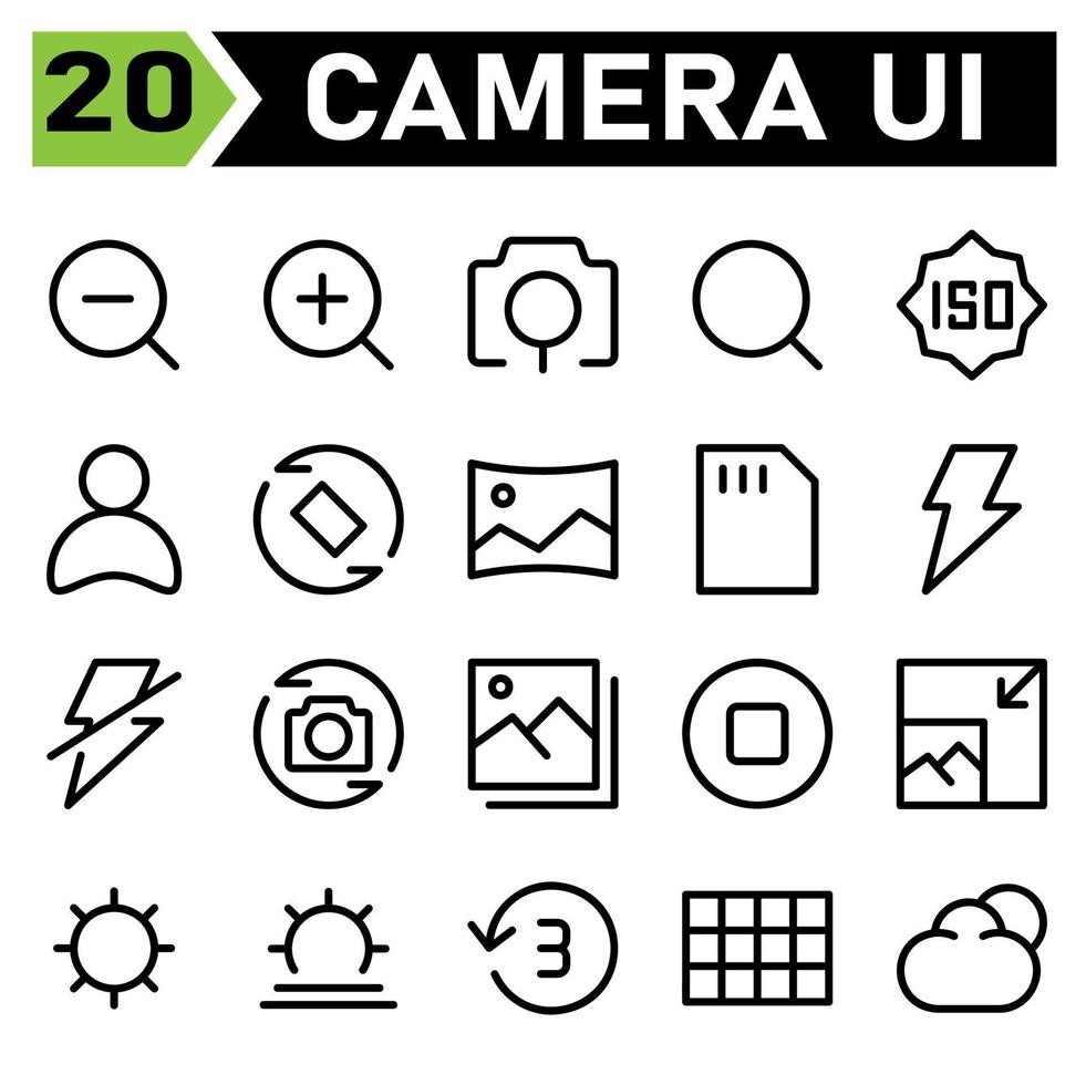 Photo Camera icon set include camera, out, zoom, magnifier, interface, in, search, photo, mode, user, account, profile, avatar, rotate, picture, rotation, image, panorama, card, memory, storage, flash vector