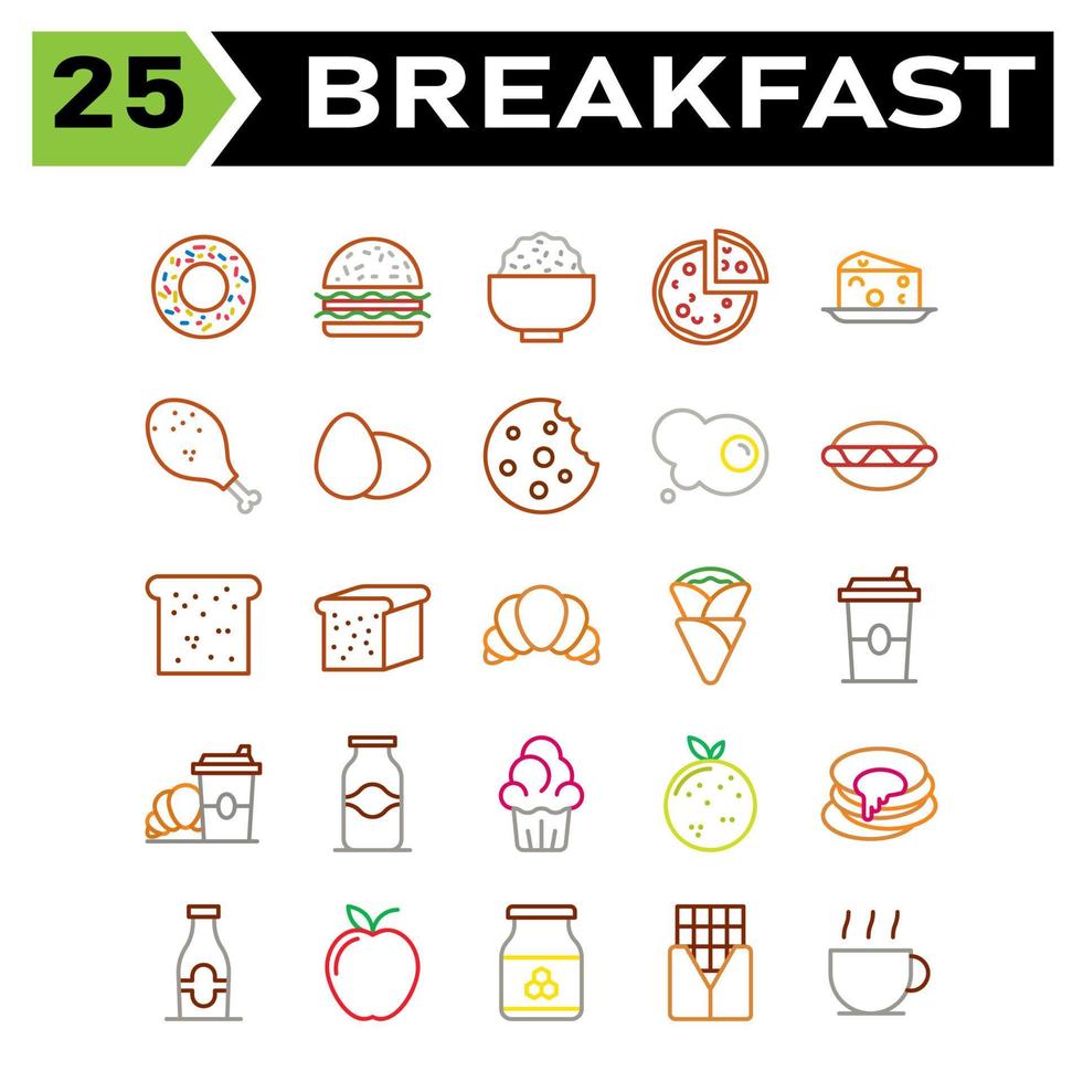 El juego de desayuno incluye donas, comida, basura, dulce, desayuno, hamburguesa, puesto, arroz, tazón, pizza, italiano, brunch, queso, plato, acompañamiento, pollo, carne, pierna, huevo, tortilla, galleta, chocolate vector