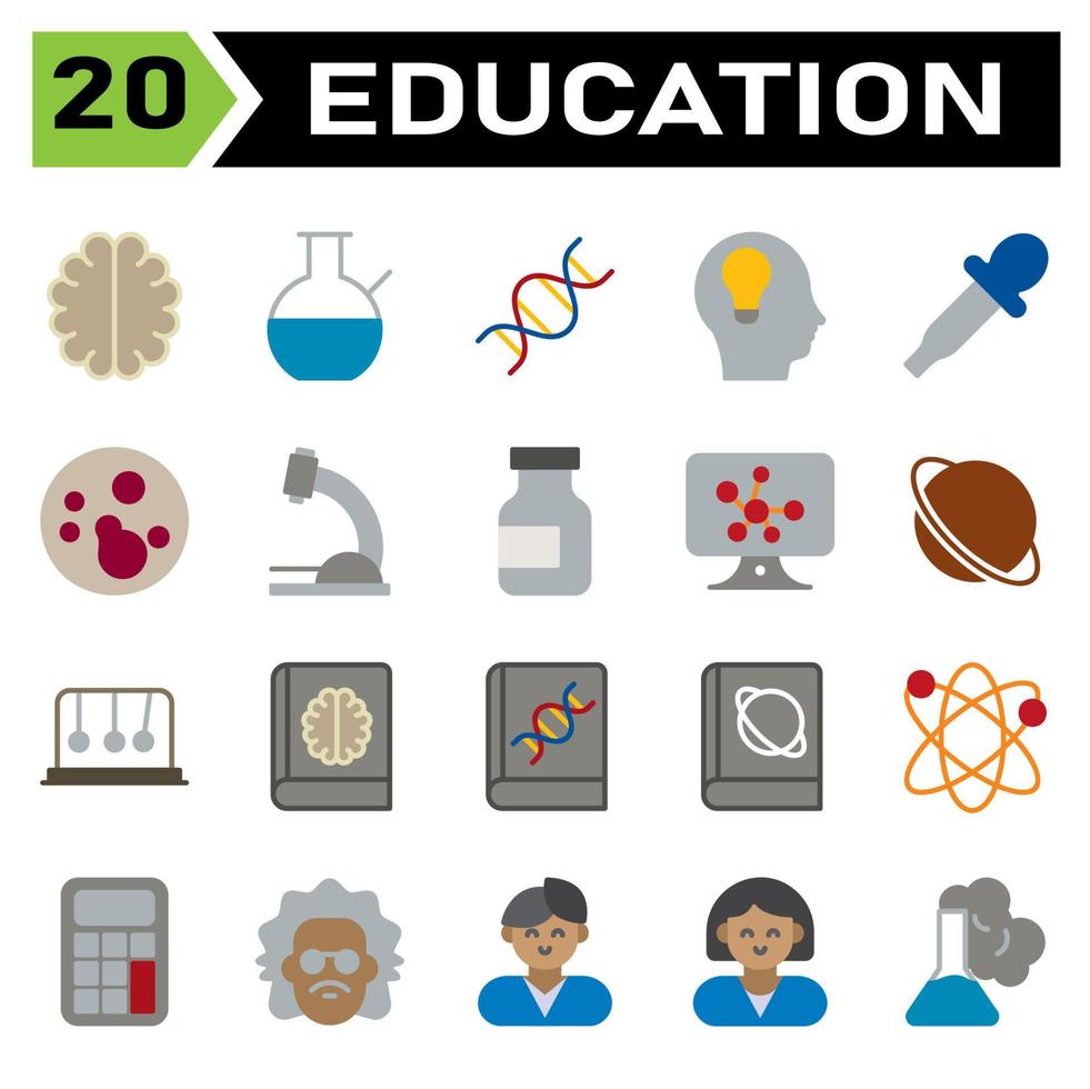 el conjunto de iconos de educación incluye cerebro, mente, neurona, inteligencia, ciencia, cristalería, vaso de precipitados, laboratorio, educación, genética, gen, cabeza, androide, robot, idea, cuentagotas, pipeta ciencia, bacterias vector