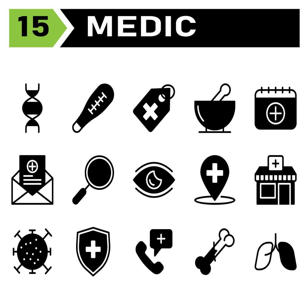 Medic icon set include biology, heredity, genetics, biotechnology, molecules, pregnancy strip, medical device, medical test, health, medical, tag, hospital, pharmacy, medicine, potion, drug vector