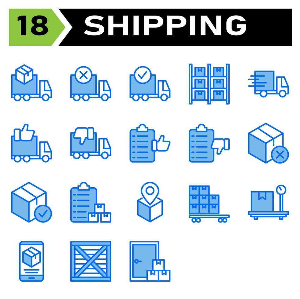 El conjunto de iconos de envío y logística incluye camión, entrega, envío, caja, pedido, cancelado, completo, logística, almacenamiento, almacén, inventario, estante, expreso, rápido, urgente, me gusta, no me gusta, lista vector