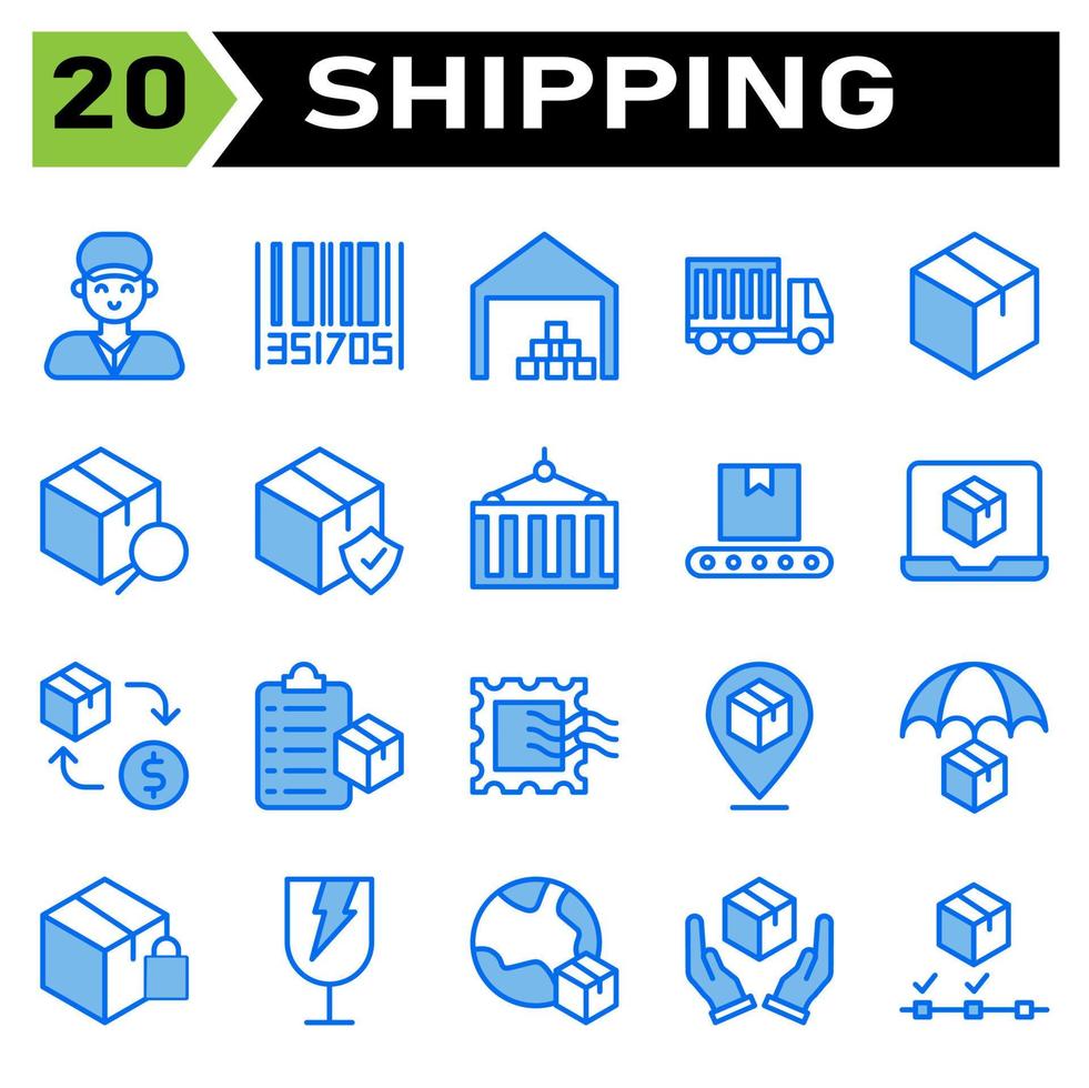 Shipping and logistic icon set include man, delivery, holding, service, courier, customer, bar code, tracking, order, bar, code, shipping, warehouse, garage, storehouse, logistic, box, cargo, truck vector