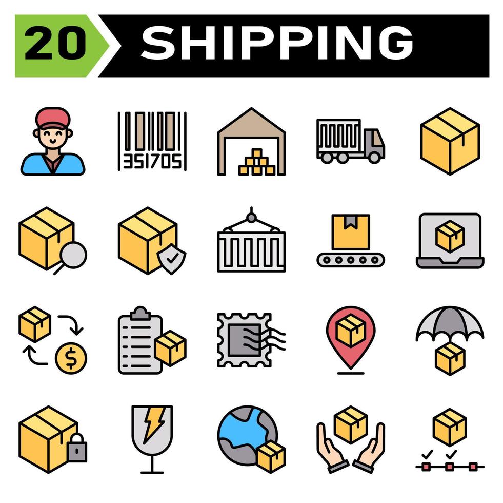 Shipping and logistic icon set include man, delivery, holding, service, courier, customer, bar code, tracking, order, bar, code, shipping, warehouse, garage, storehouse, logistic, box, cargo, truck vector