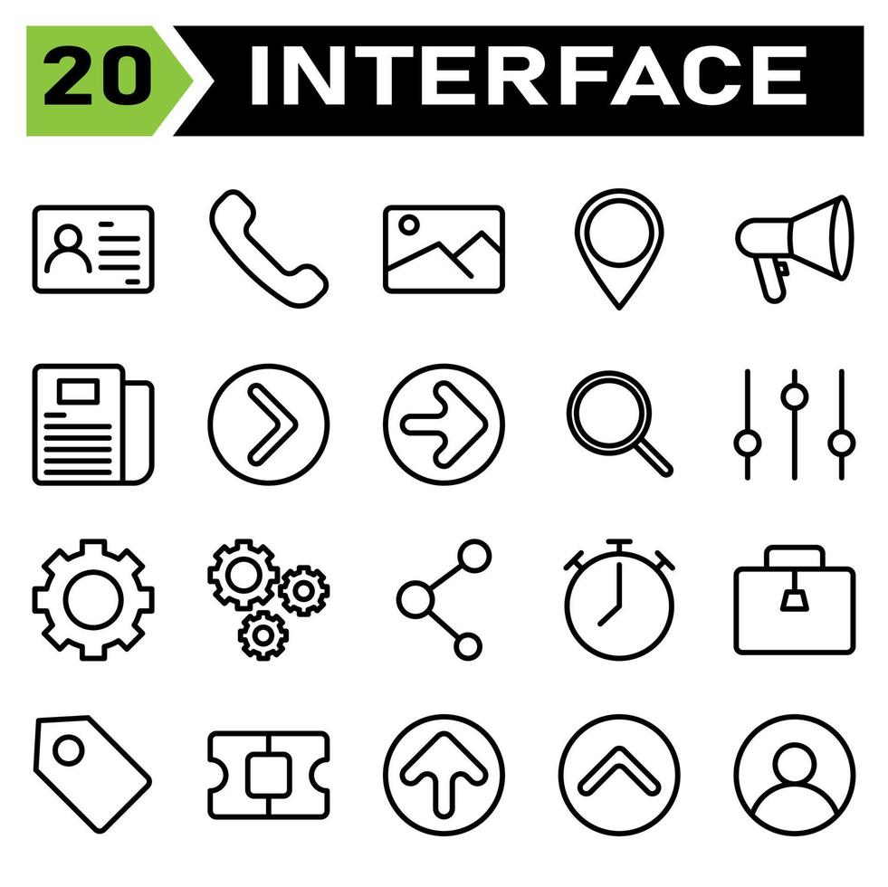 User interface icon set include id card, pass, identity, card, id, photo, phone, call, communication, talk, telephone, picture, image, gallery, scene, pin, map, attach, mention, mark, promotion vector