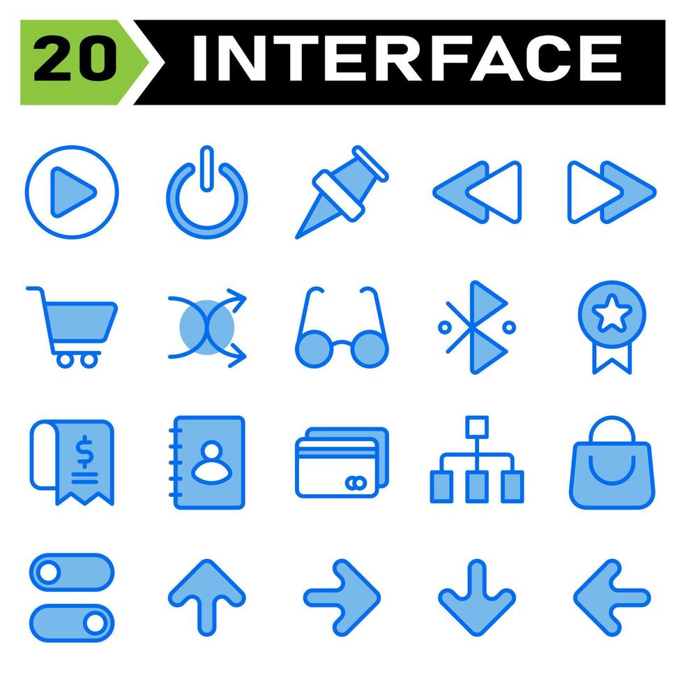 User interface icon set include play, button, circle, start, interface, power, power on, power office, push pin, pin, location, map, user interface, rewind, backward, left arrow, rewind backward vector