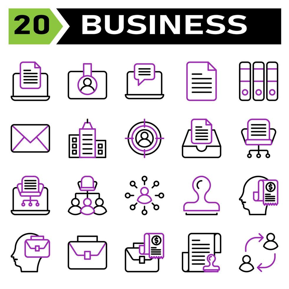 Office business icon set include laptop, document, office, work, device, filed, id card, badge, identification, id, card, chat, message, email, file, list, folder, files, binders, mails, letter vector