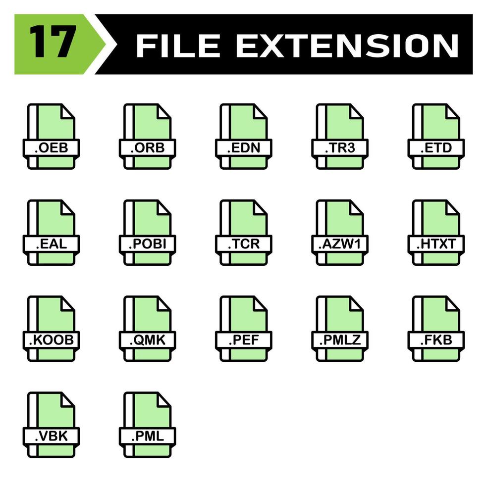 el conjunto de iconos de extensión de archivo incluye oeb, orb, edn, tr3, etd, eal, pobi, tcr, azw1, htxt, koob, qmk, pef, pmlz, fkb, vbk, pml vector