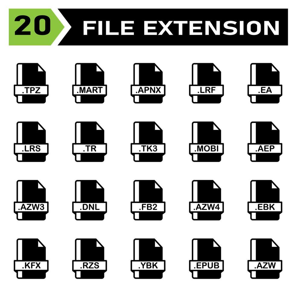 File extension icon set include tpz, mart, apnx, lrf, ea, lrs, tr, tk3, mobi, aep, azw3, dnl, fb2, azw4, ebk, kfx, rzs, ybk, epub, azw vector