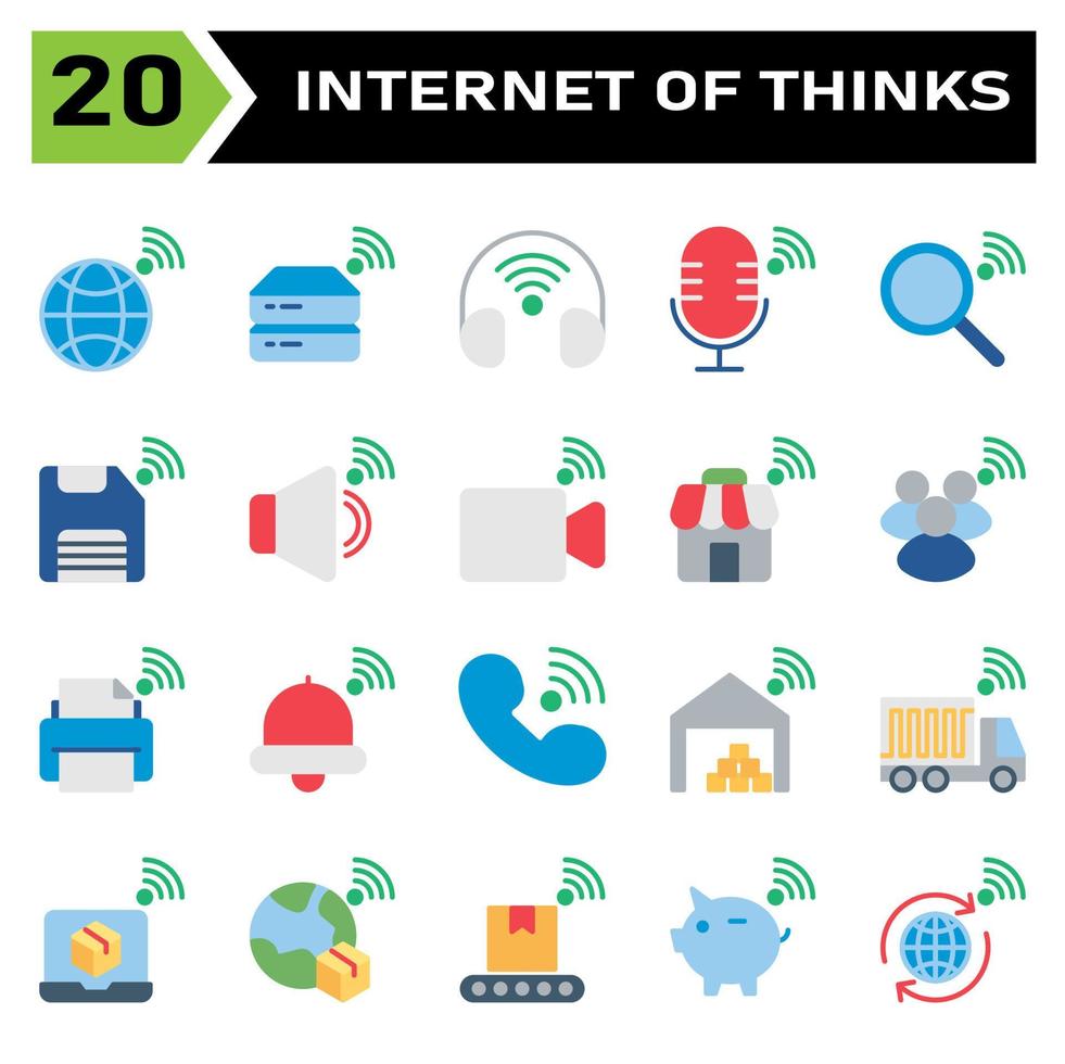 Internet of things icon set include world, earth, internet of things, hard disk, drive, headphone, headset, microphone, search, find, save, storage, sound, volume, video, record, store, shop, people vector