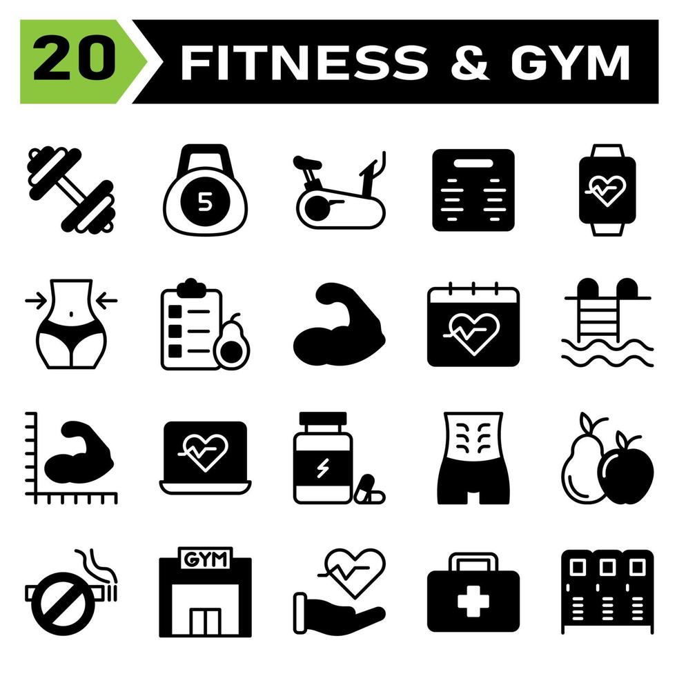 el conjunto de iconos de salud y fitness incluye peso, gimnasio, equipo, entrenamiento, bicicleta, báscula, inteligente, reloj, dispositivo, hogar, dieta, cuerpo, cintura, aguacate, comida, lista de verificación, frutas, culturista, músculo, calendario vector