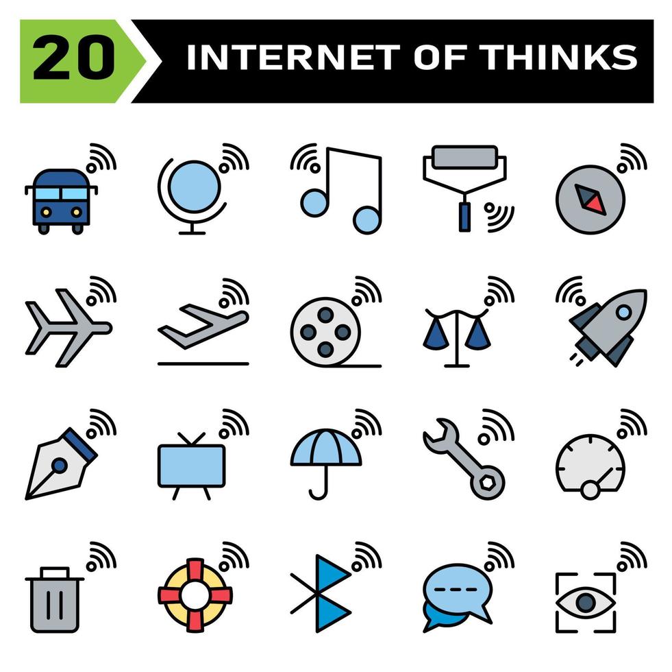 Internet of things icon set include bus, internet of things, globe, world, music, tone, roller, paint, compass, navigation, plane, airplane, takeoff, film roll, movie, scales, balance, rocket vector