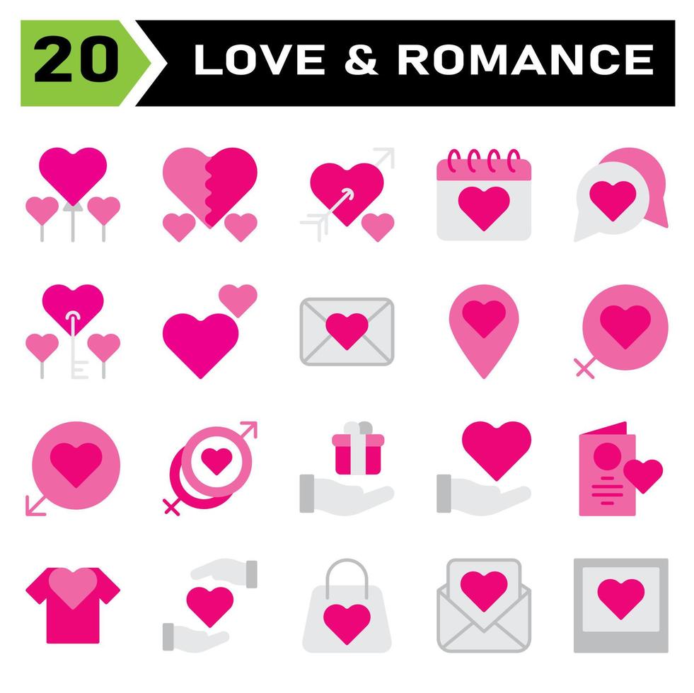 El conjunto de iconos de amor y romance incluye globo, amor, romántico, corazón, San Valentín, roto, romance, pareja, boda, calendario, fecha, chat, conversación, clave, doble, favorito, correo, mensaje, sobre vector