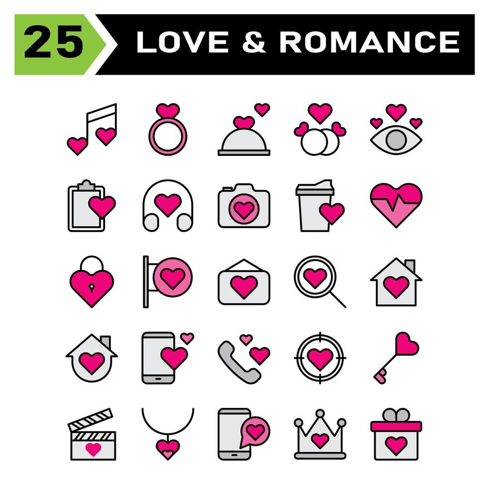 Love and romance icon set include song, music, wedding, heart, love, jewelry, ring, marriage, cooking, restaurant, dinner, birthday, couple, romance, eye, list, headphone, camera, documentation vector