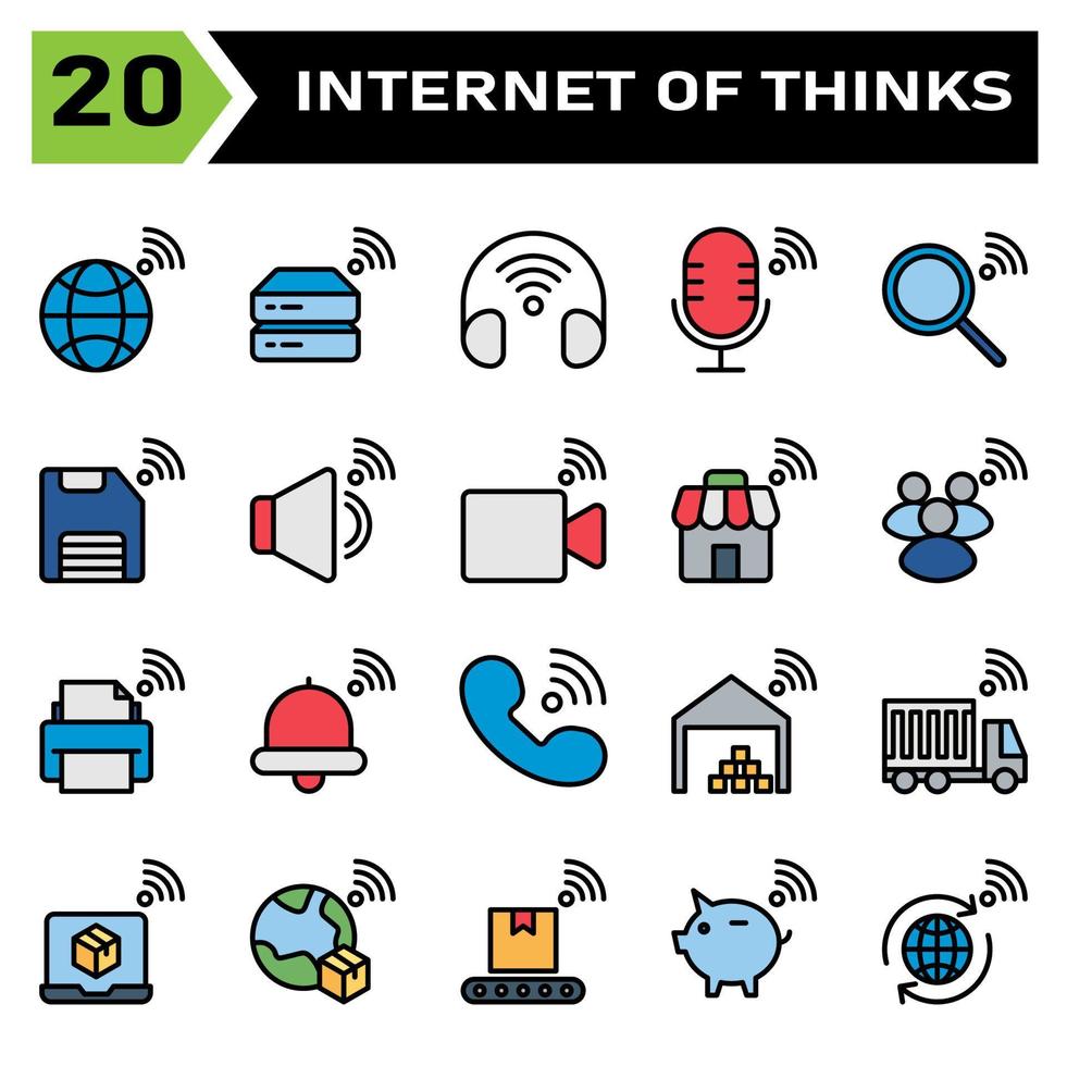 Internet of things icon set include world, earth, internet of things, hard disk, drive, headphone, headset, microphone, search, find, save, storage, sound, volume, video, record, store, shop, people vector