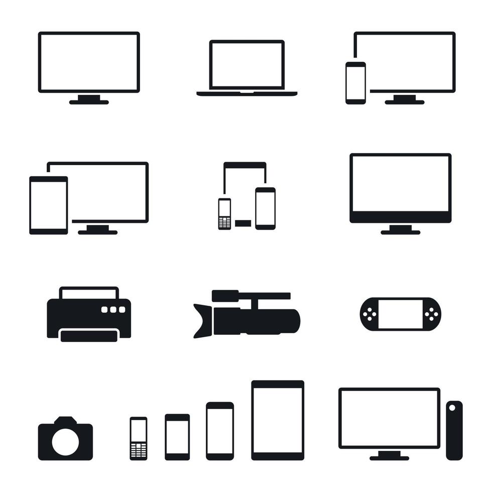 Communication device - smartphone, computer electronics icons on white background vector