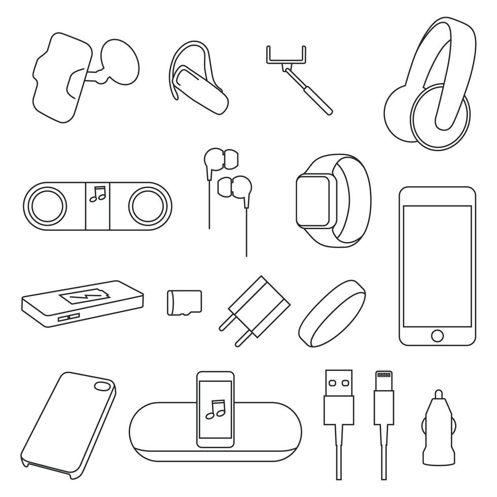 Set of icons on a theme Accessories, Supplies for mobile phones in gray colors vector