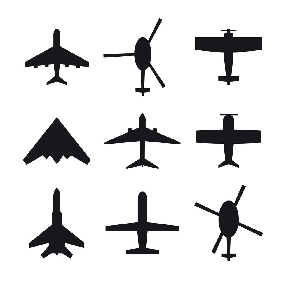 conjunto de iconos negros aislados en aviones y helicópteros temáticos vector