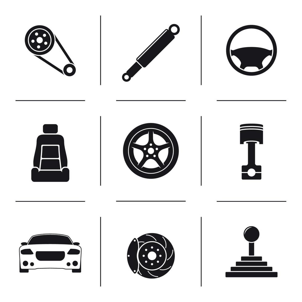 conjunto de iconos aislados en un color negro de piezas de automóviles temáticos vector