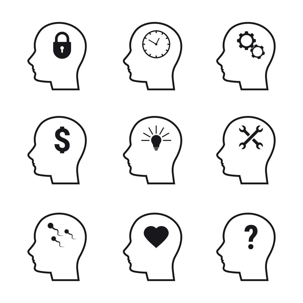 Set of isolated black icons on a theme head brain vector