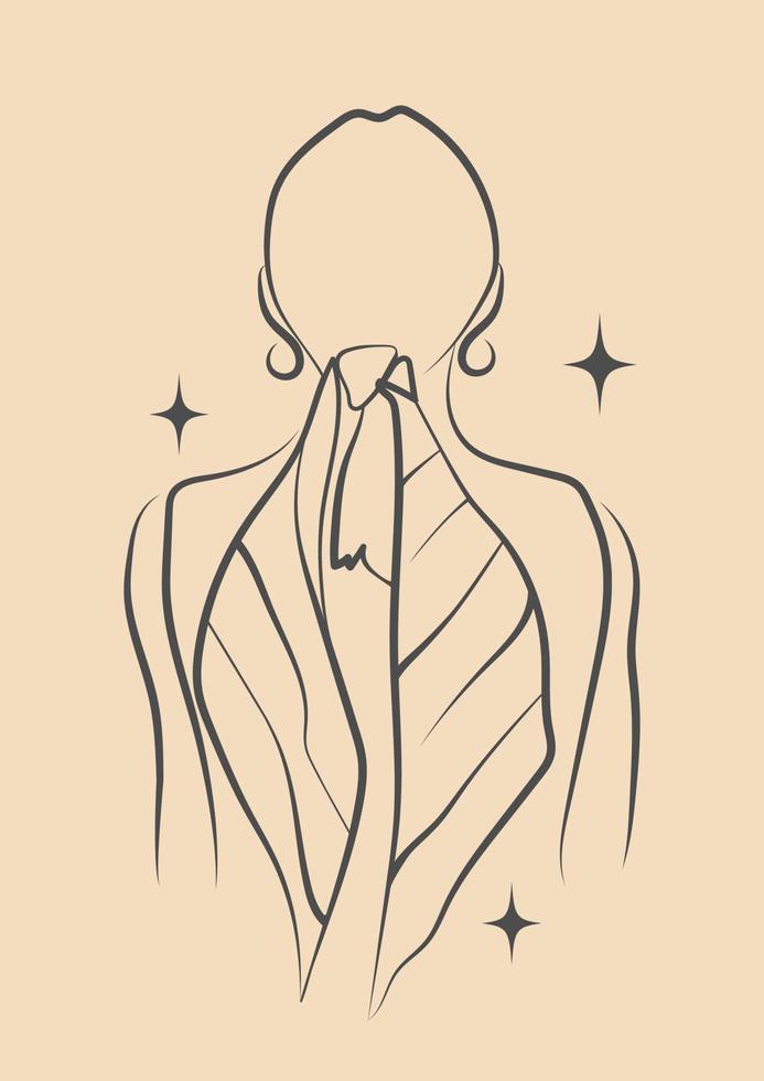 Woman back view line square art drawing. Drawing with one continuous line. Minimalist sketch of shoulders and scarf. Aesthetic vector illustration.