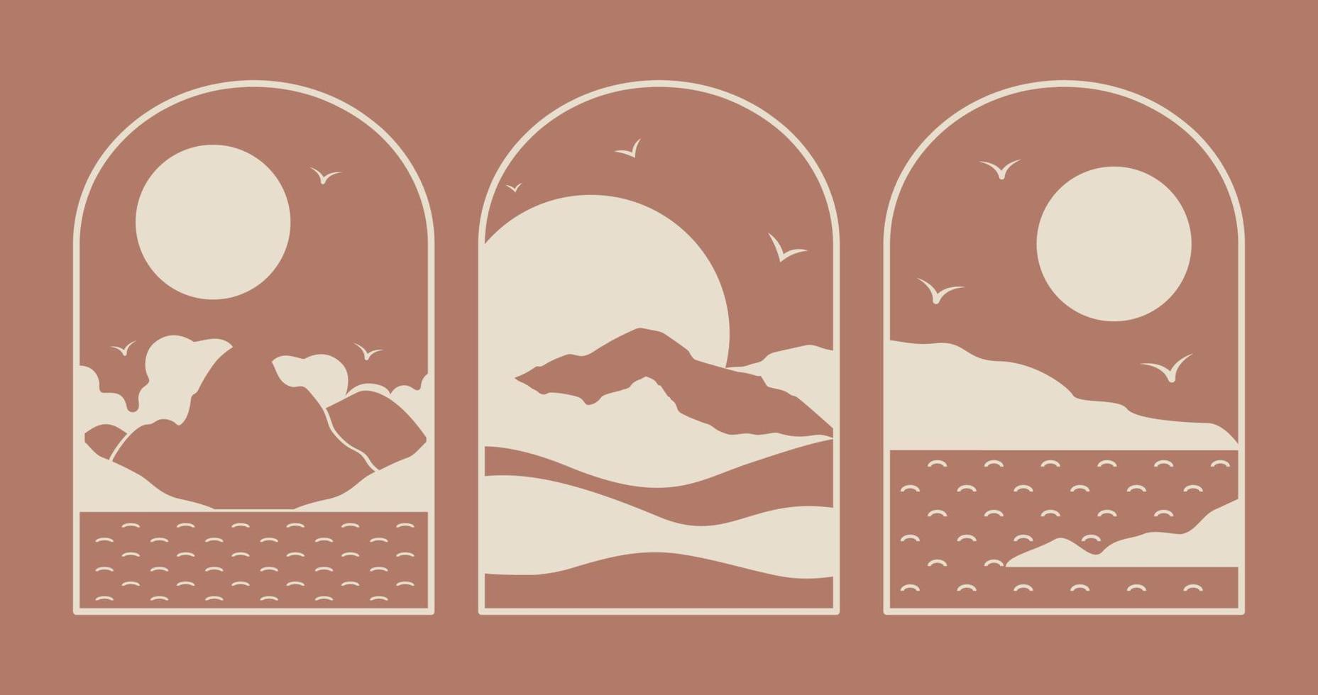 Vector boho mountain emblem set. Modern minimal linear badges with landscapes. Modern monochrome vector logo. Boho style artistic emblem design